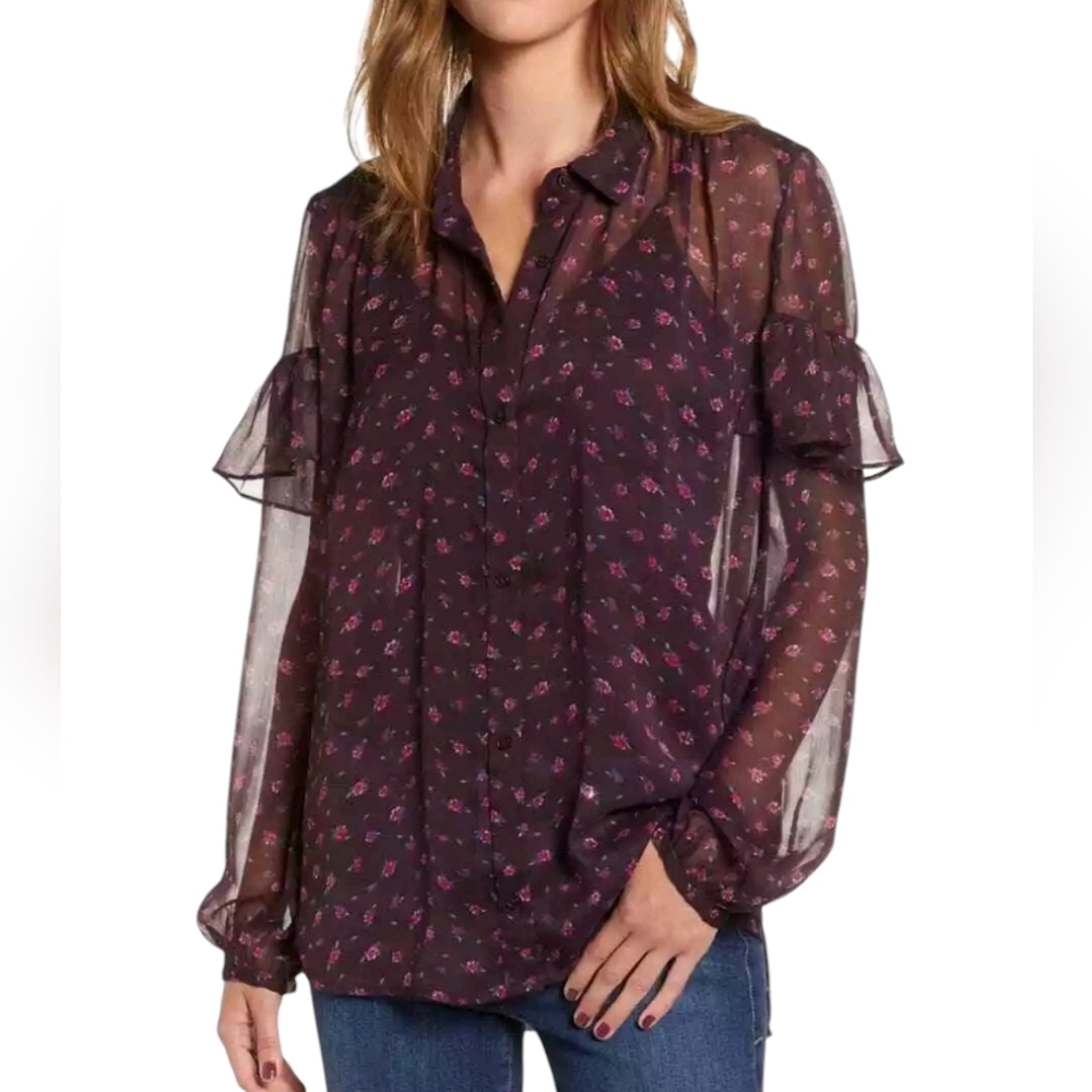 French Connection Burgundy Floral Blouse Fairycore Sz 6